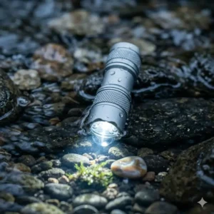 The smallest most powerful flashlight submerged in water to showcase its IPX8 waterproof and durable design.