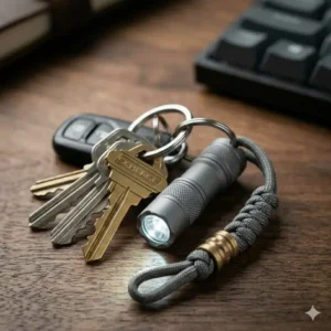 A sleek smallest most powerful flashlight attached to a metal keychain with a paracord lanyard for daily carry.