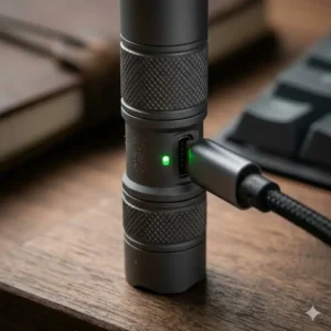 Close-up of the USB-C charging port on the smallest most powerful flashlight with a green LED battery indicator.