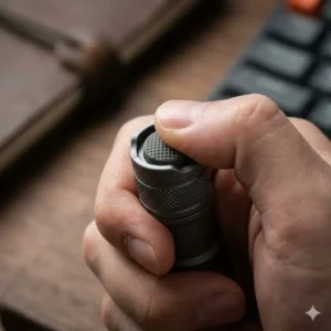 A person's thumb pressing the tactical tail switch of the smallest most powerful flashlight to change modes.