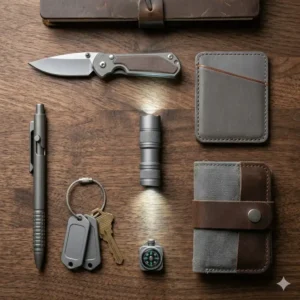 An aesthetic EDC flat-lay featuring a pocket knife, wallet, and the smallest most powerful flashlight on a desk.