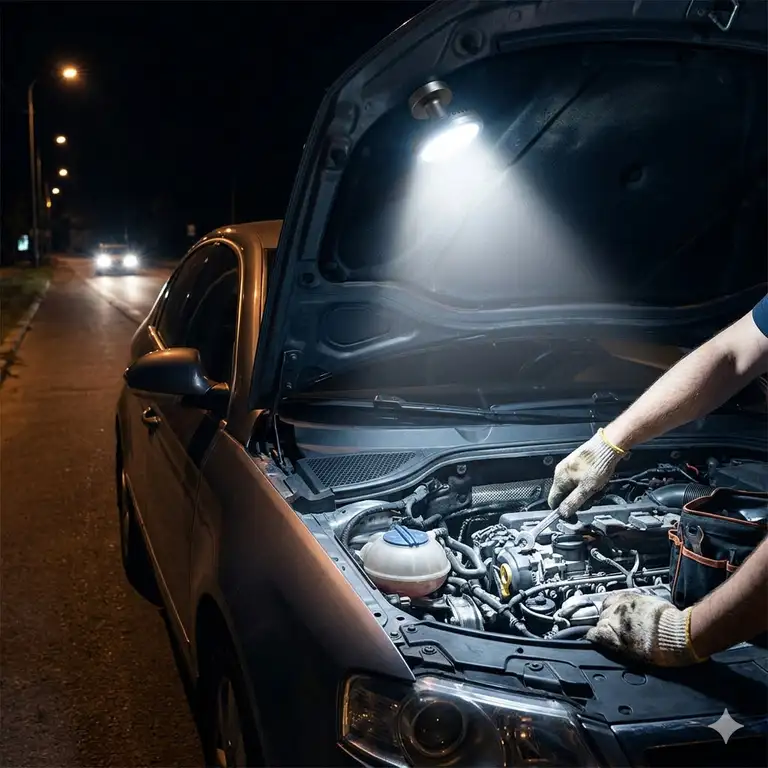 A professional automotive flashlight illuminating a car engine bay during a nighttime roadside repair.