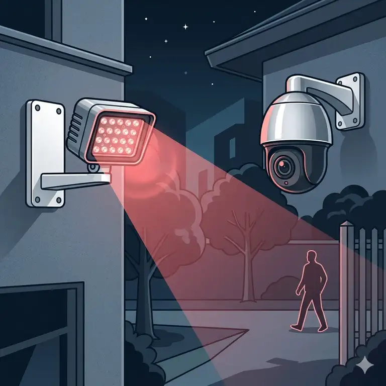 A high-powered external ir illuminator mounted next to a security camera, casting an invisible infrared beam to enhance night vision surveillance.