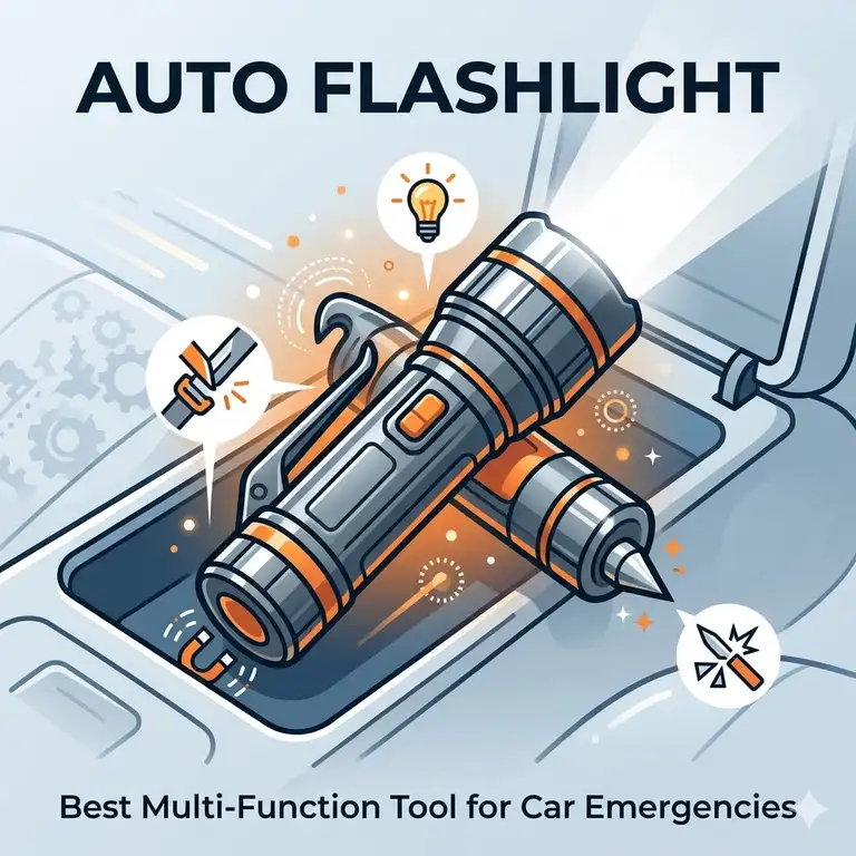 A high-performance LED auto flashlight with a built-in seatbelt cutter and window breaker stored in a car console.