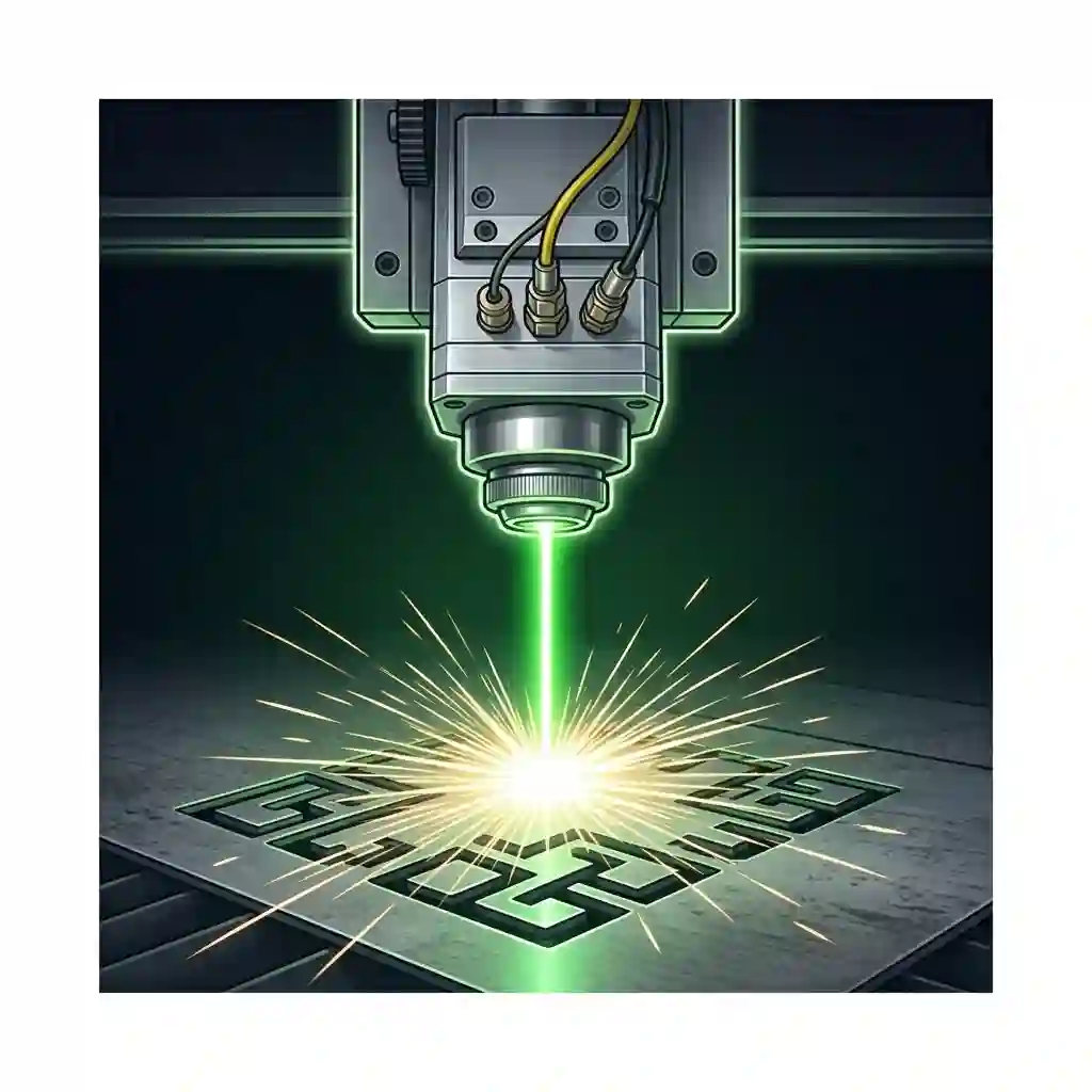 A powerful precision green laser light laser light beam emitting from an industrial CNC machine in a dark factory setting.