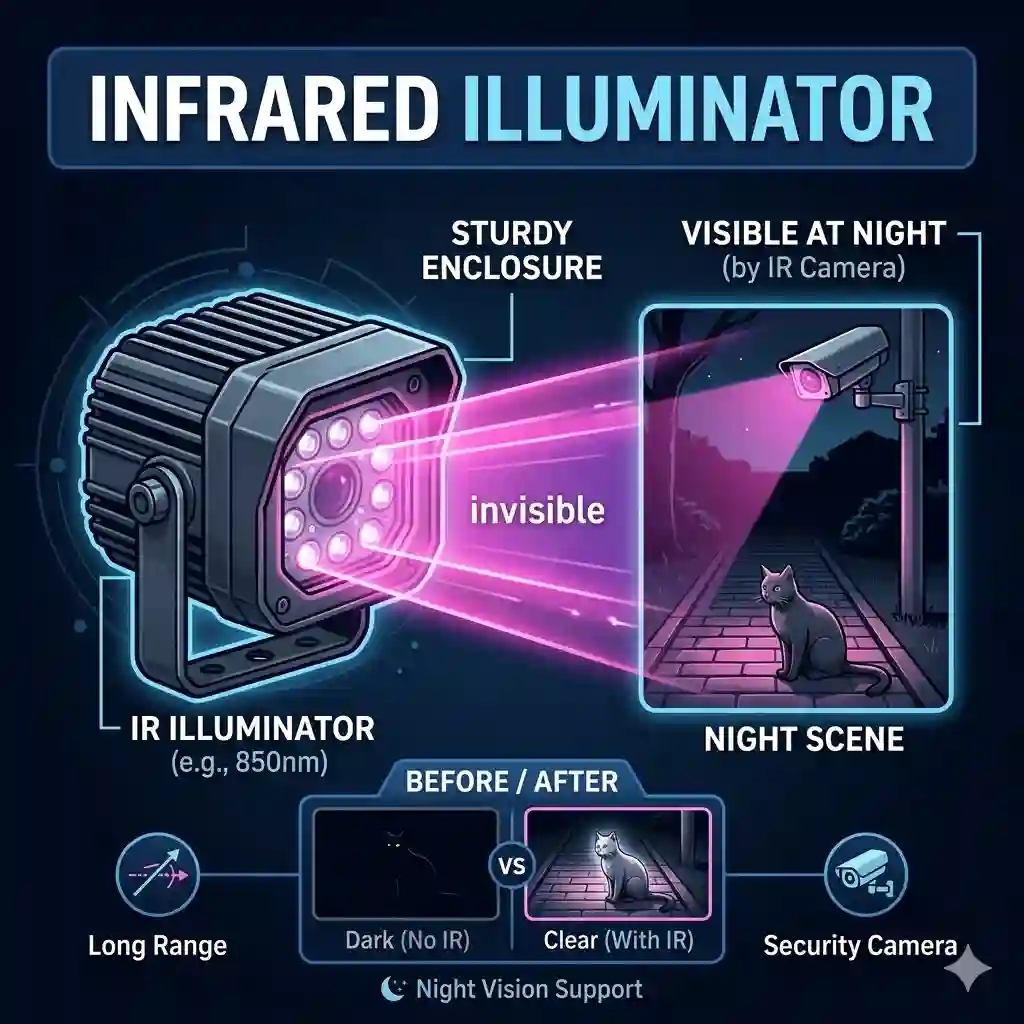A professional high-power external infrared illuminator for enhanced night vision surveillance.