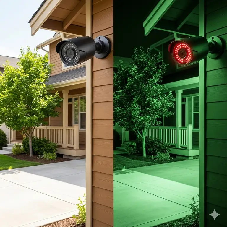 A split-screen demonstration showing how IR light enables clear night vision surveillance compared to standard daylight.