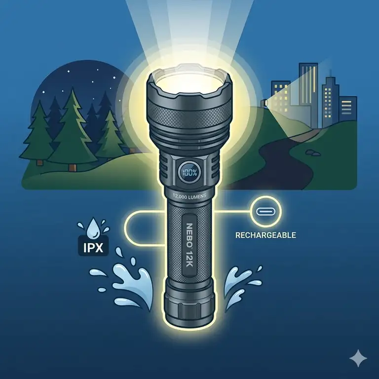 Featured Image: nebo 12k high-performance rechargeable flashlight featuring 12,000 lumens of brightness.