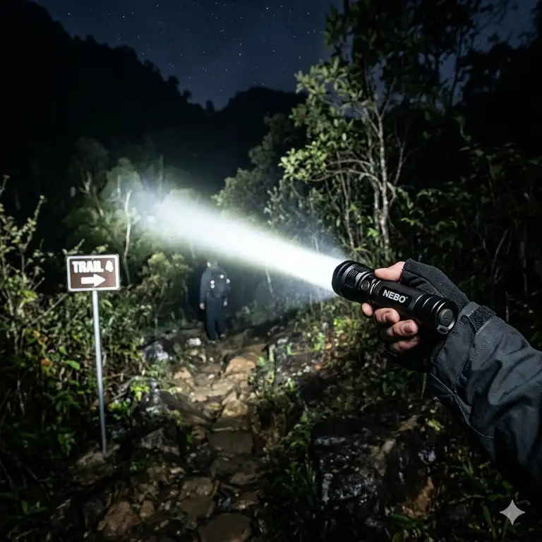 A high-power nebo rechargeable flashlight casting a bright beam across a dark outdoor trail during a night hike.