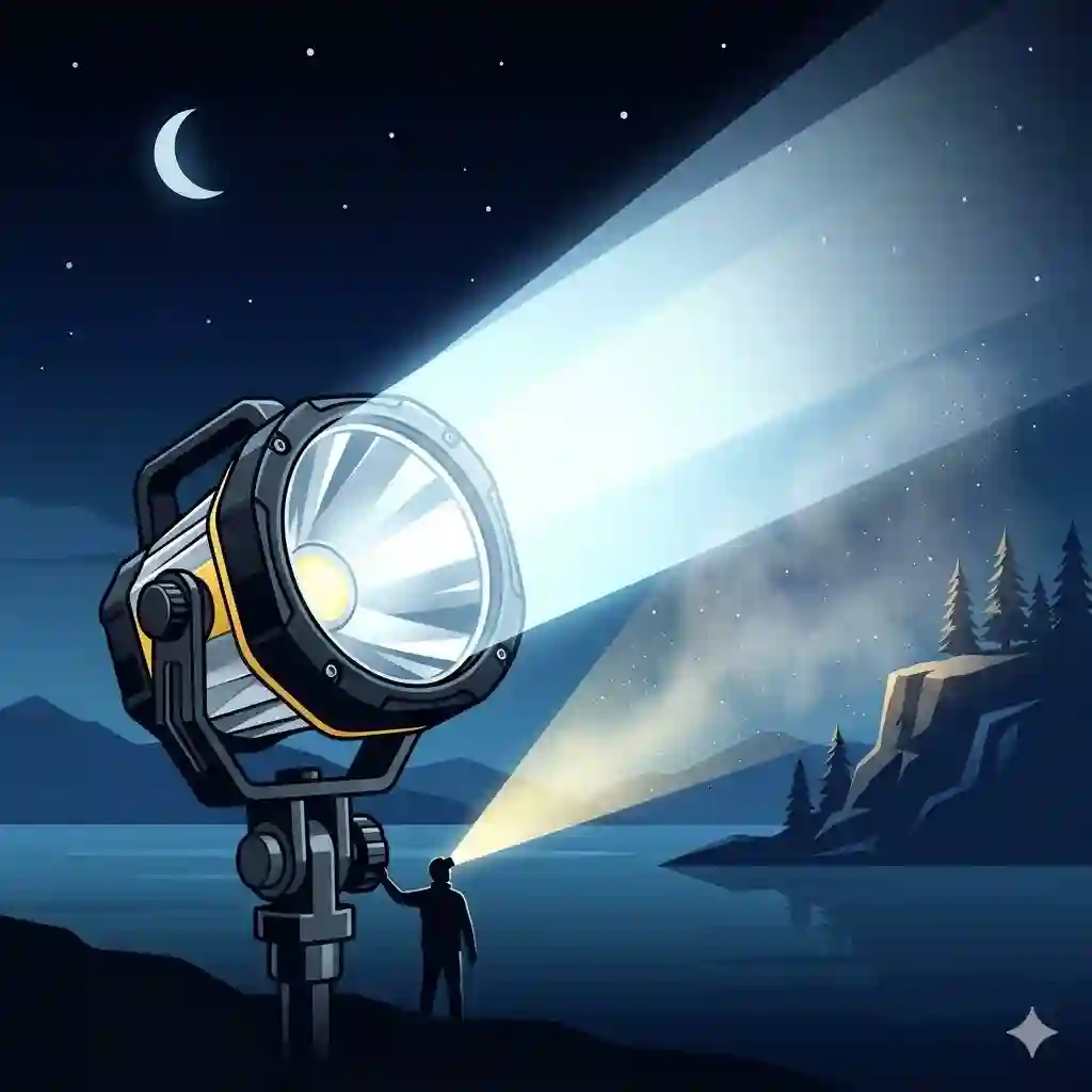 A powerful LED search light illuminates a dark night sky with an intense beam.