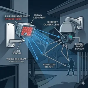 A technical diagram illustrating how an ir illuminator emits infrared light that reflects off objects and is captured by a security camera lens.
