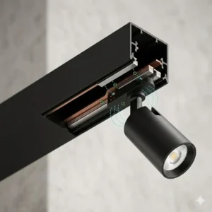Close up of a black aluminum track rail showing the internal structure where a magnetic light fixture snaps in.