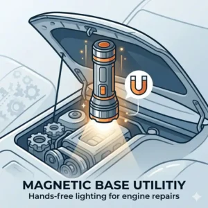 Hands-free magnetic auto flashlight attached to a car hood providing light for engine repairs.