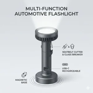Detailed product diagram of an automotive flashlight showing the magnetic base and internal components.