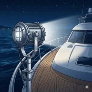 A durable waterproof marine search light mounted prominently on a boat deck.