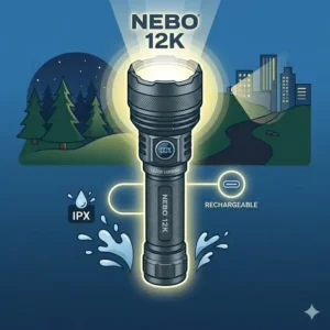 Illustration 1: Intense long-range beam of the nebo 12k flashlight illuminating a dark outdoor trail.