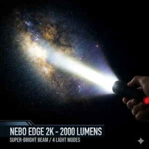 A powerful beam of light from the nebo edge 2k illuminating the night sky to show 2000 lumens.