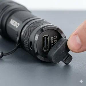 Close-up illustration of the USB-C charging port on a nebo rechargeable flashlight showing the protective rubber cover.