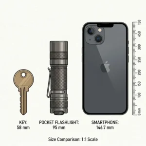 An illustration comparing the size of a mini pocket flashlight to a standard smartphone and a house key.