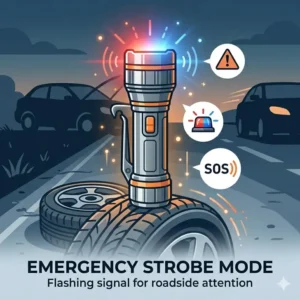 A portable auto flashlight displaying a flashing red SOS emergency strobe mode on the roadside.