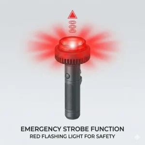 An automotive flashlight with an active red emergency strobe light function for roadside safety.