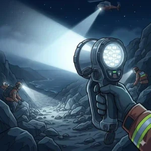 Handheld rechargeable search light used by rescue teams during a night emergency operation.
