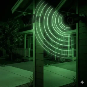 Vector illustration demonstrating how a security camera uses an IR light illuminator to capture clear images in total darkness.