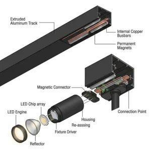 Technical illustration showing components of a magnetic light system including track rail, power supply, corner connectors, and fixtures.