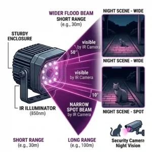 Side-by-side comparison of a dark area versus the clarity provided by an infrared illuminator.
