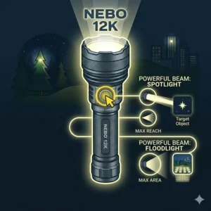 Illustration 2: Close-up of the nebo 12k waterproof and impact-resistant aerospace-grade aluminum body.