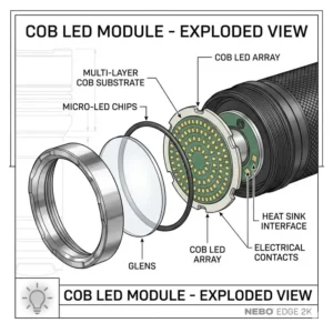 Exploded view diagram showing the internal COB LED technology of the nebo edge 2k.