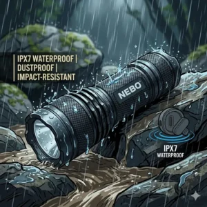 An illustration demonstrating the waterproof and impact-resistant design of a nebo rechargeable flashlight in wet conditions.