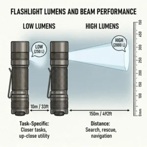 A technical diagram showing the brightness levels and beam distance of a high-lumen pocket flashlight.