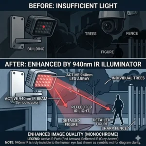 A side-by-side comparison showing a pitch-black security feed versus a clear night vision image enhanced by a 940nm ir illuminator.