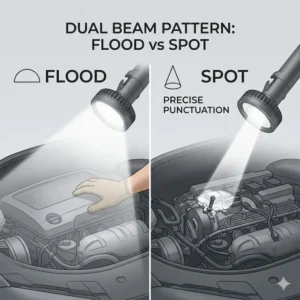 Comparison chart showing the flood and spot beam patterns of a versatile automotive flashlight.