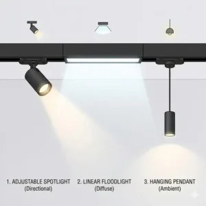 Different types of magnetic light fixtures including linear floodlights, adjustable track spotlights, and hanging pendant lights.
