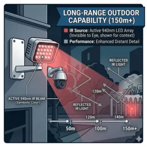 An illustration of a waterproof outdoor ir illuminator lighting up a large backyard and driveway for nighttime home security.
