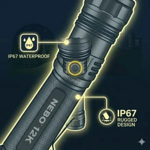 Illustration 3: Side view of the nebo 12k showing the USB-C charging port and protective rubber cover.