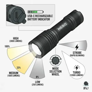 A diagram showing the different brightness levels and strobe modes available on a nebo rechargeable flashlight.