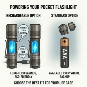 An illustration detailing a USB-C rechargeable pocket flashlight battery versus a standard AAA battery.