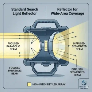 Technical diagram illustrating the internal reflector and bulb placement of a long-range search light.