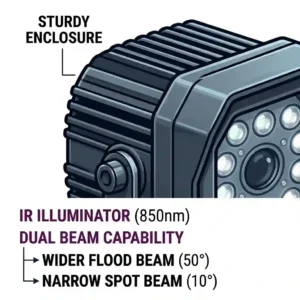 An external infrared illuminator mounted next to a security camera for long-range monitoring.