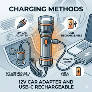 A sleek auto flashlight being charged via a 12V car cigarette lighter adapter and USB port.