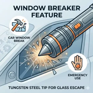 Close-up illustration of the tungsten steel tip on an auto flashlight designed for emergency glass breaking.