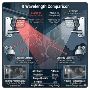 An infographic explaining the difference between a glowing 850nm ir illuminator and a completely invisible 940nm infrared light.