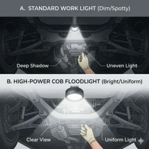 A high-power automotive flashlight providing bright and uniform light under a vehicle chassis.