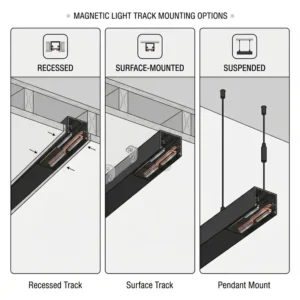 Diagram comparing recessed, surface-mounted, and suspended installation methods for a magnetic light track.