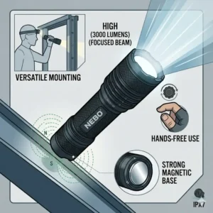Illustration of a nebo rechargeable flashlight attached to a metal surface using its integrated magnetic base for hands-free use.
