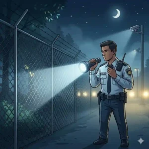 Security guard holding and using a portable search light to inspect a perimeter fence.