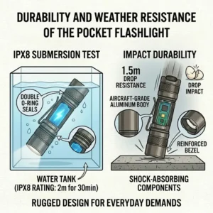 A cross-section diagram showing the waterproof seals and impact-resistant body of a heavy-duty pocket flashlight.